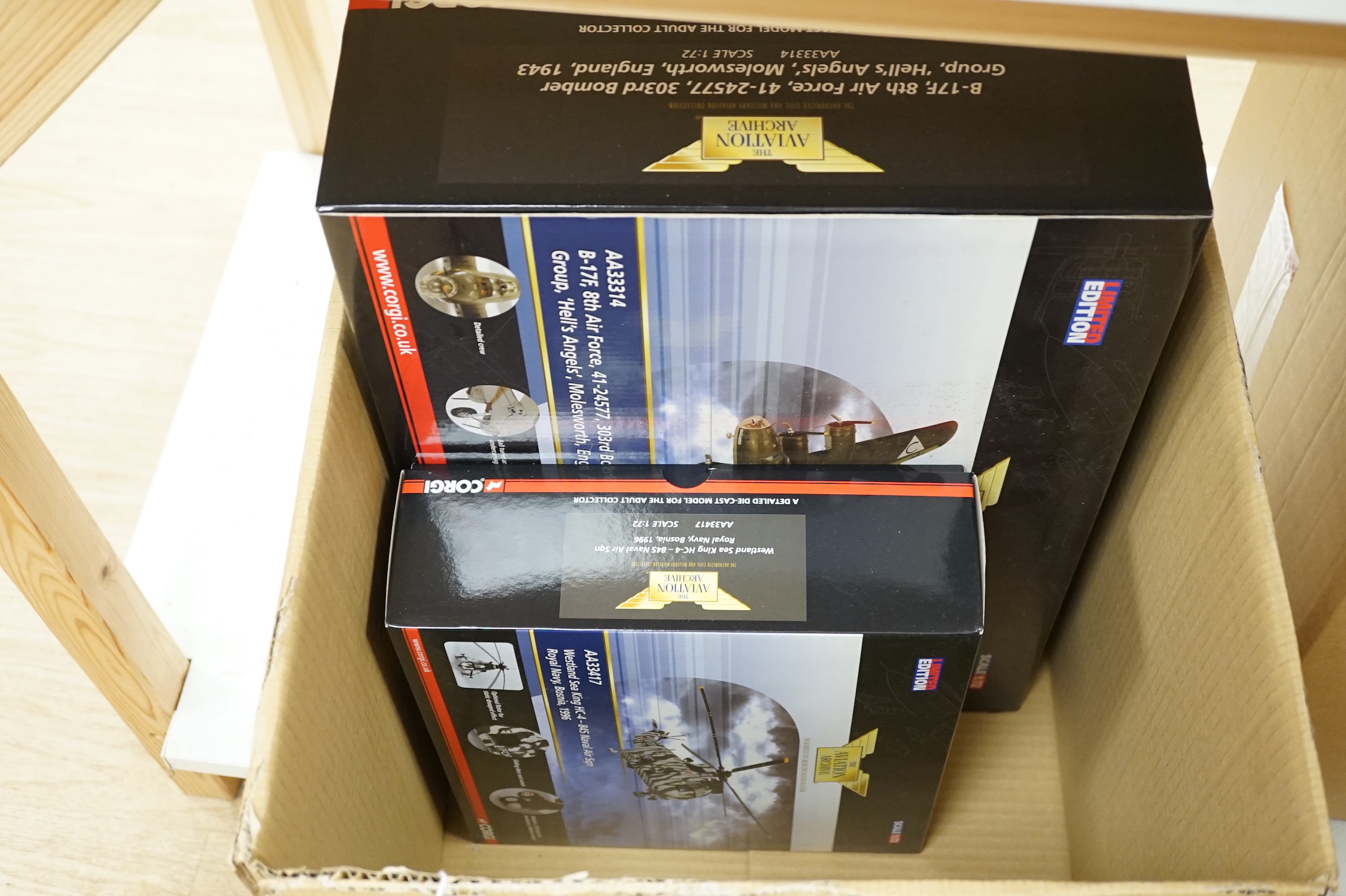 Two boxed Corgi Aviation Archive aircraft and three boxed Dr. Who models